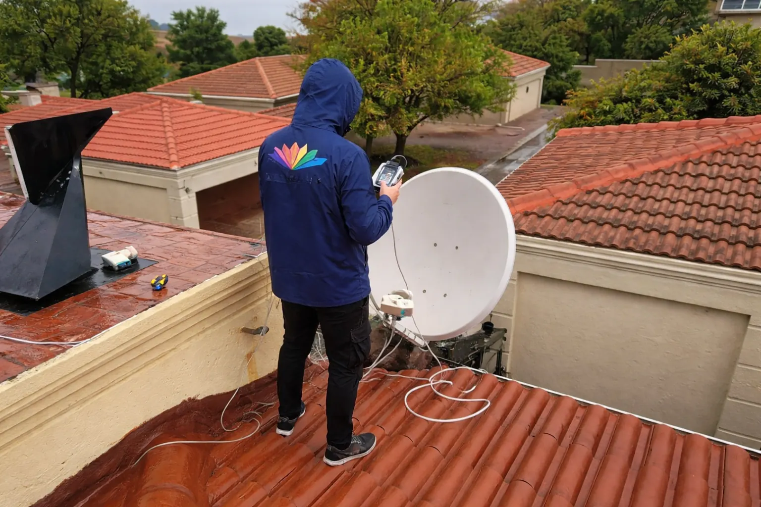 DStv technician aligning a satellite dish with a signal meter on a South African rooftop