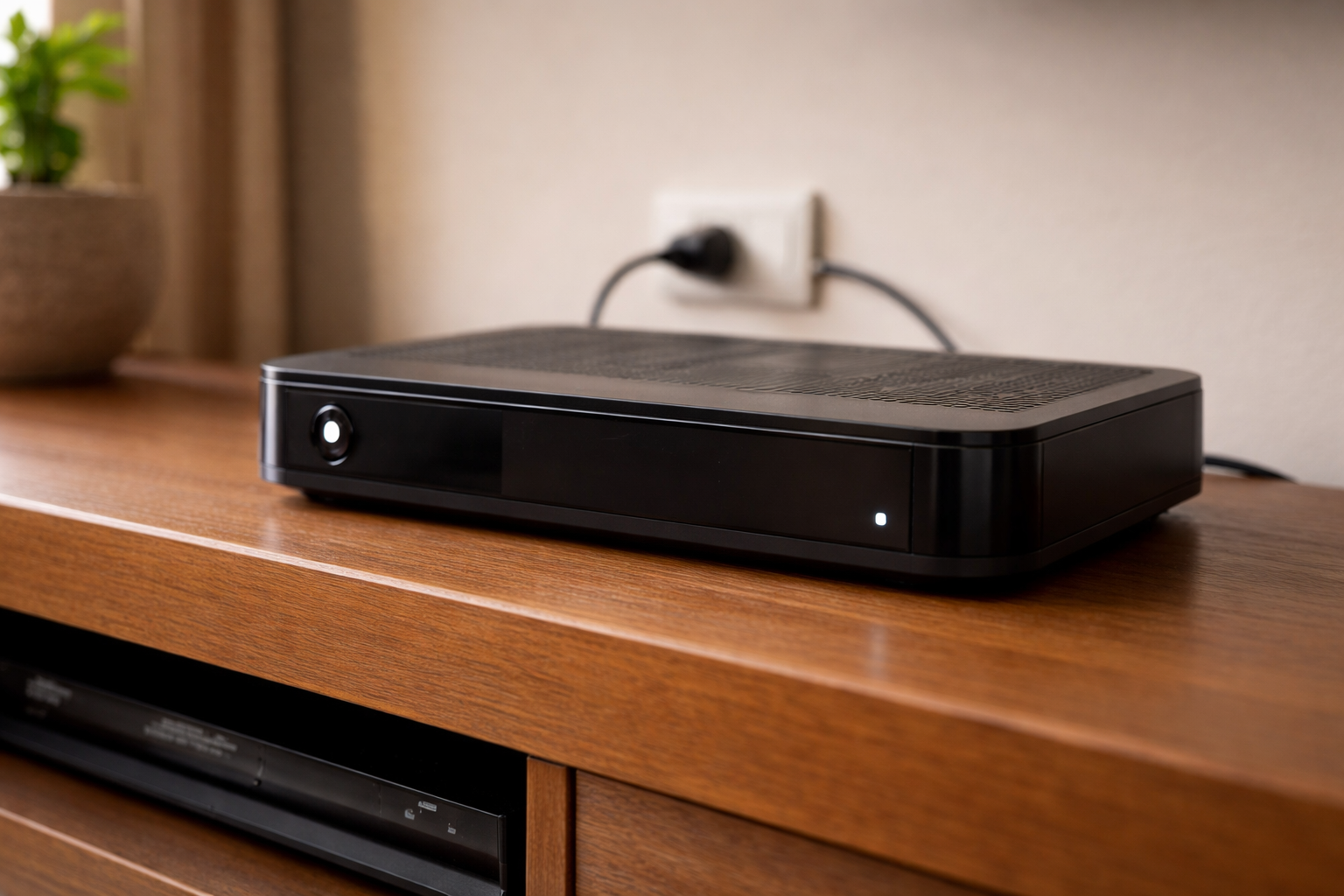 Close-up of a DStv decoder and power cable behind a TV unit in a South African home