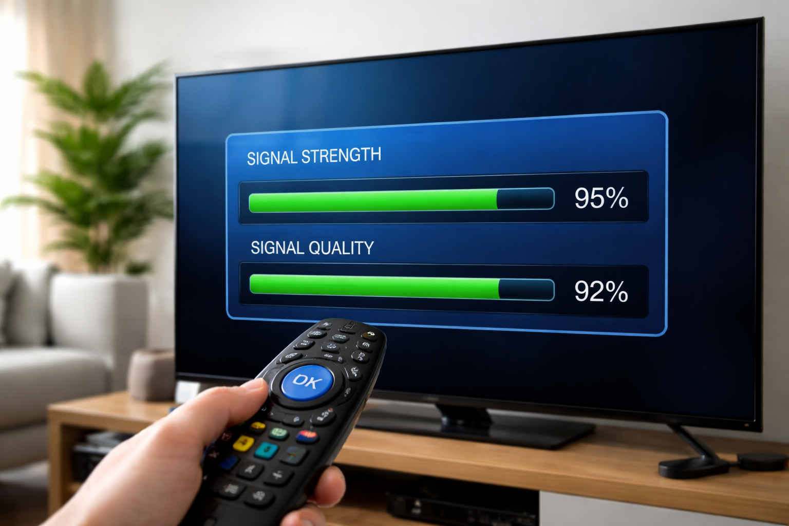 DStv decoder signal strength and quality menu showing percentage bars on TV screen