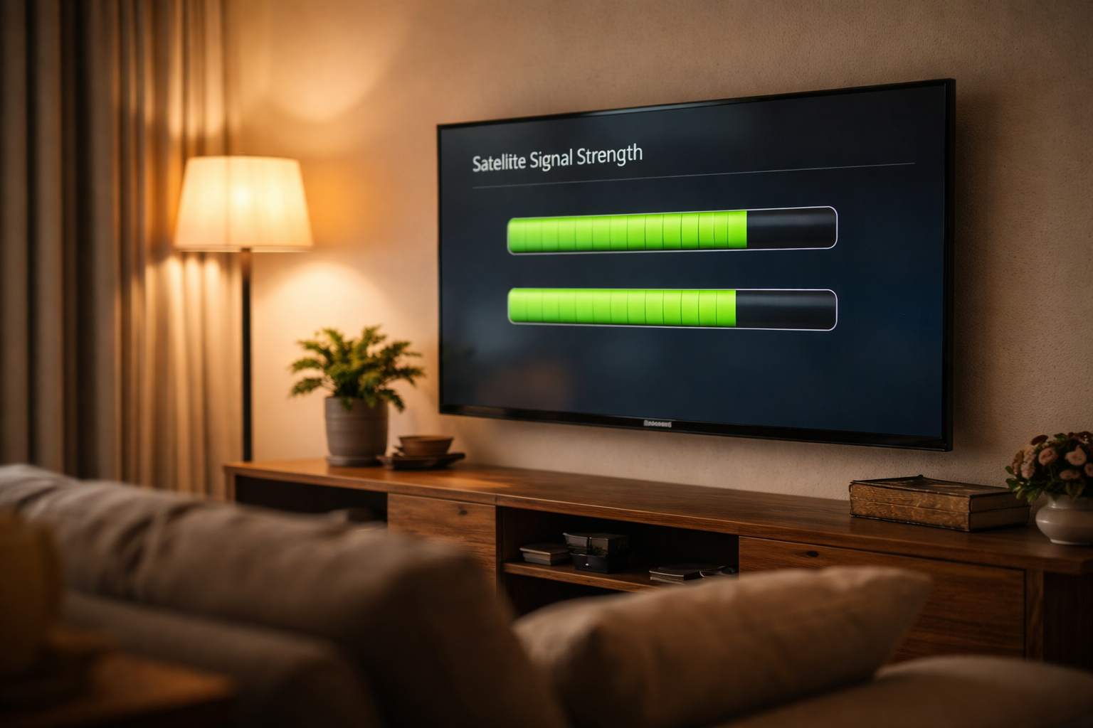 DStv decoder signal strength menu with green bars shown on a TV in a South African lounge