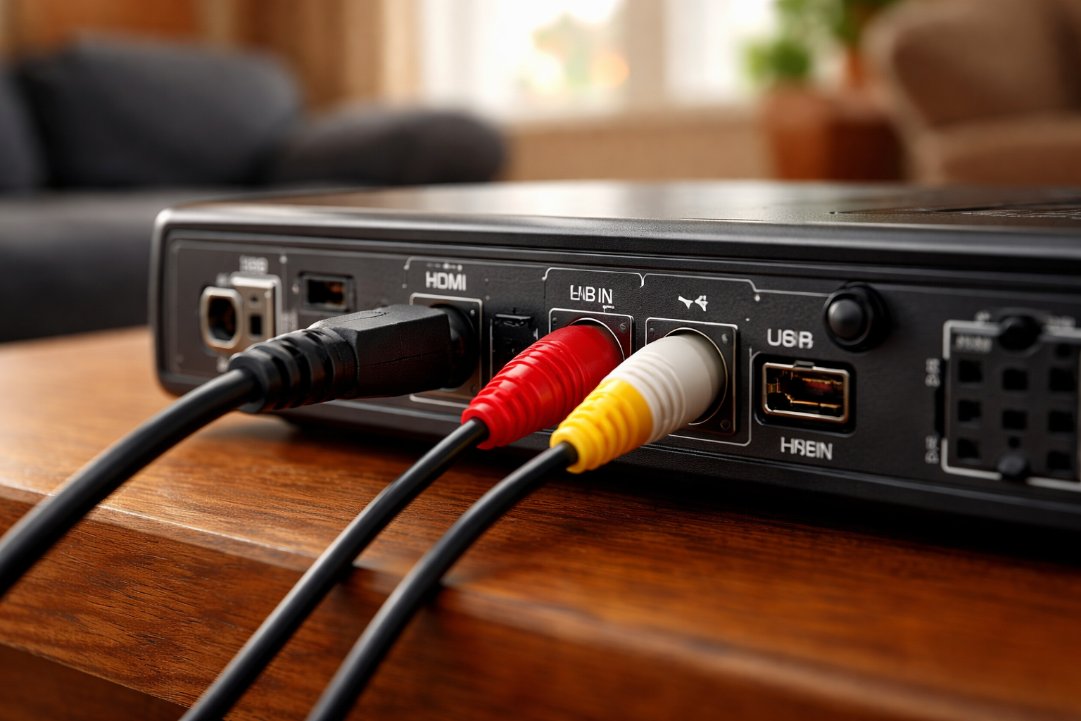 HDMI and AV cables plugged into the back of a DStv decoder in a South African home