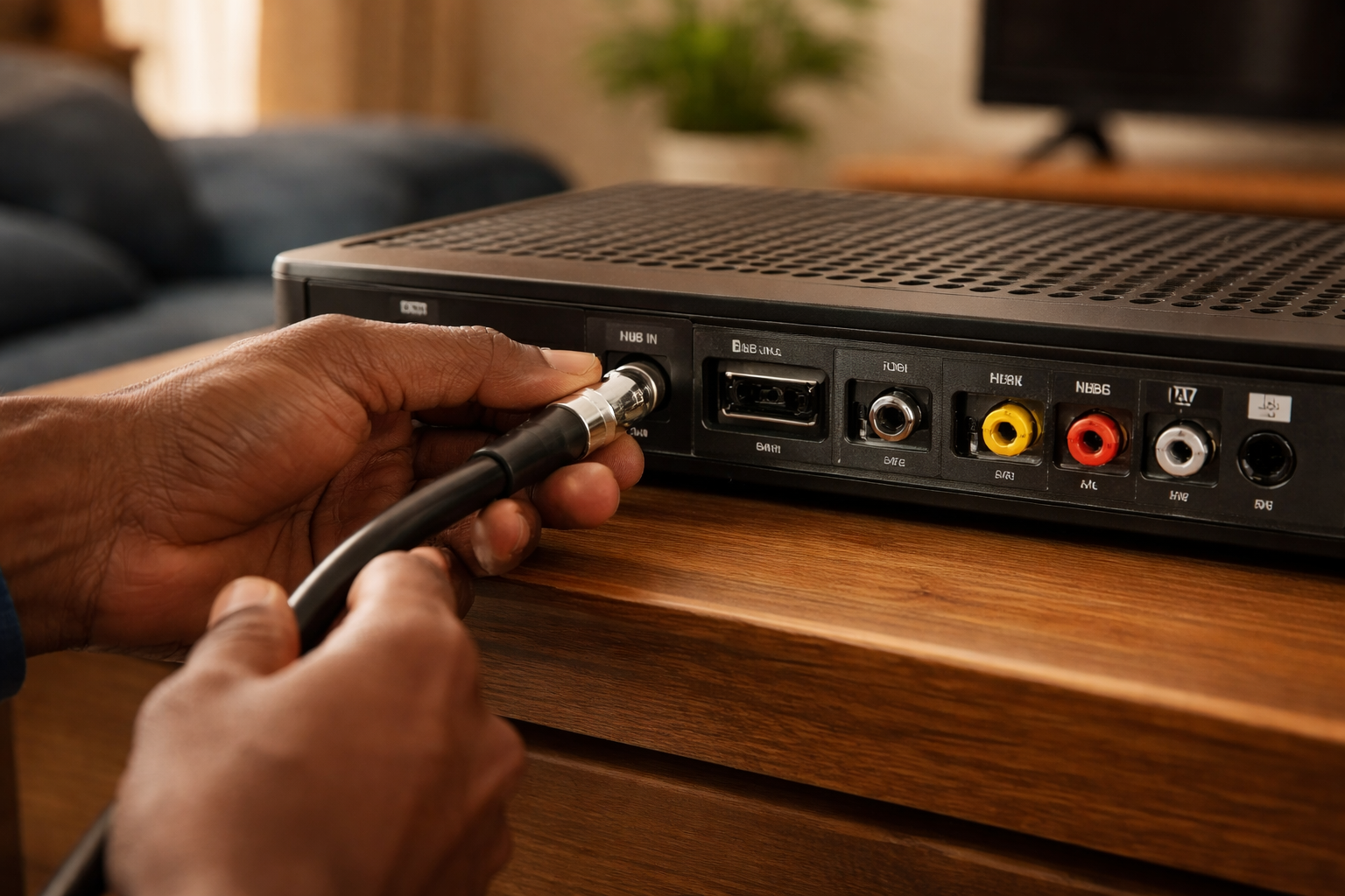 Installer connecting an RG6 LNB cable with an F-connector to the LNB In port on a DStv Explora decoder behind a TV unit in a South African home