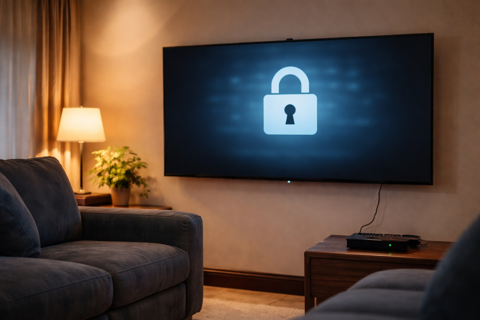 DStv TV in a South African lounge showing a blocked-content prompt with a remote on the couch
