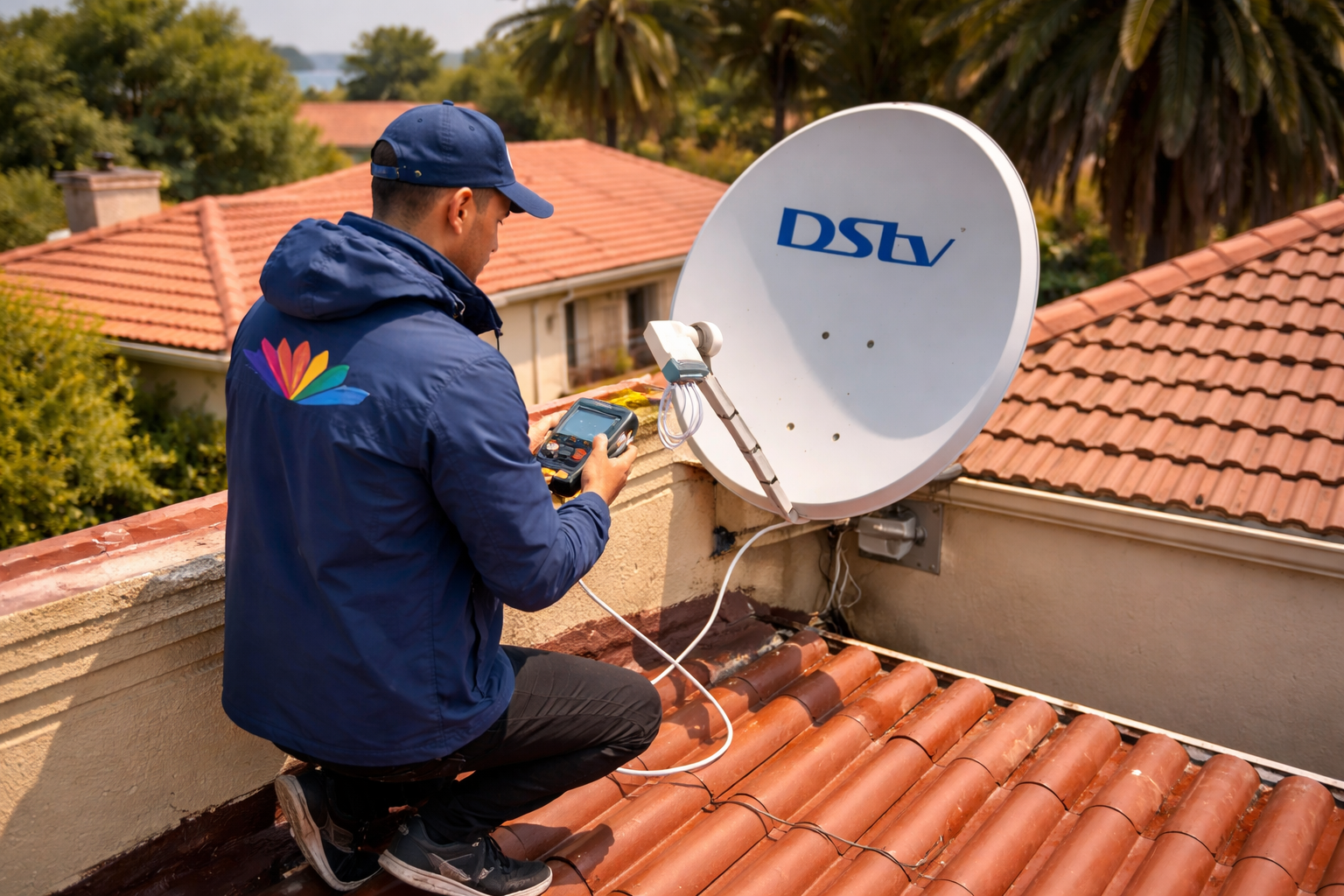 Technician aligning a DStv satellite dish on a South African roof with a signal meter under a clear sky